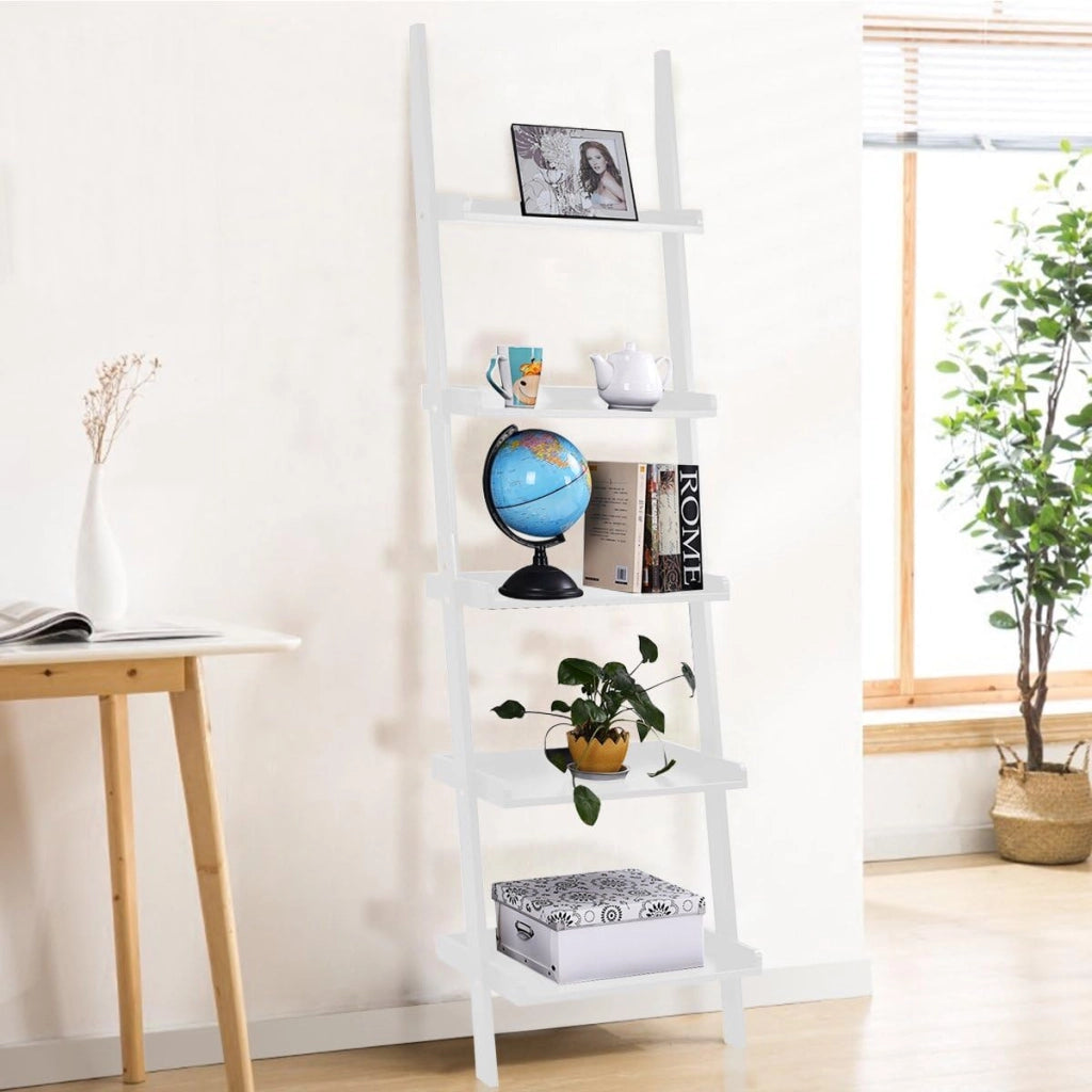 Scaffale Portaoggetti a Scala, a 5 Ripiani, Librerie Contro Parete, Portalibri Salvaspazio, per Soggiorno/Ufficio/Camera, Carico di 25kg, 57x33x191cm, Bianco