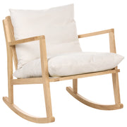 Poltrona a dondolo con rivestimento in poliestere struttura in legno di gomma stile scandinavo tessuto beige chiaro