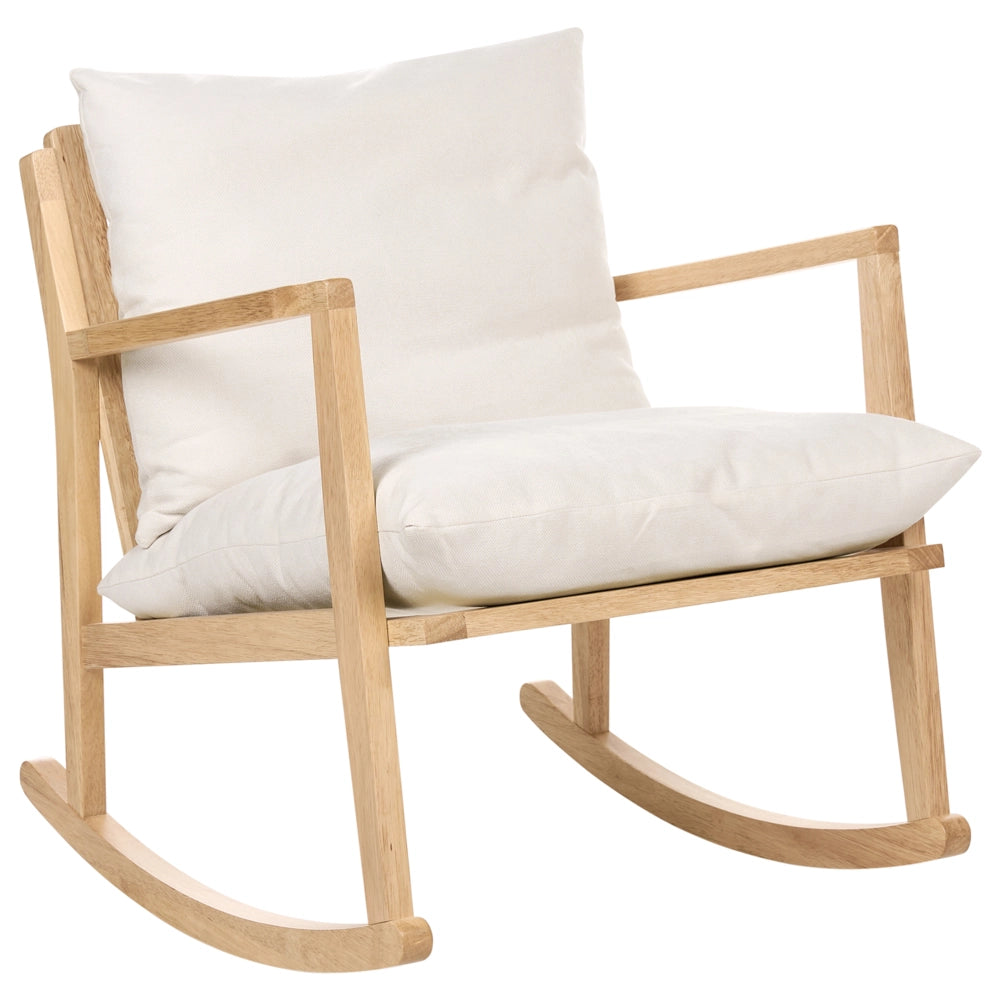 Poltrona a dondolo con rivestimento in poliestere struttura in legno di gomma stile scandinavo tessuto beige chiaro