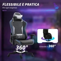 Sedia da Gaming Reclinabile a 150° con Funzione Dondolo, in Tessuto Effetto Lino, 66x53x128-138 cm, Grigio