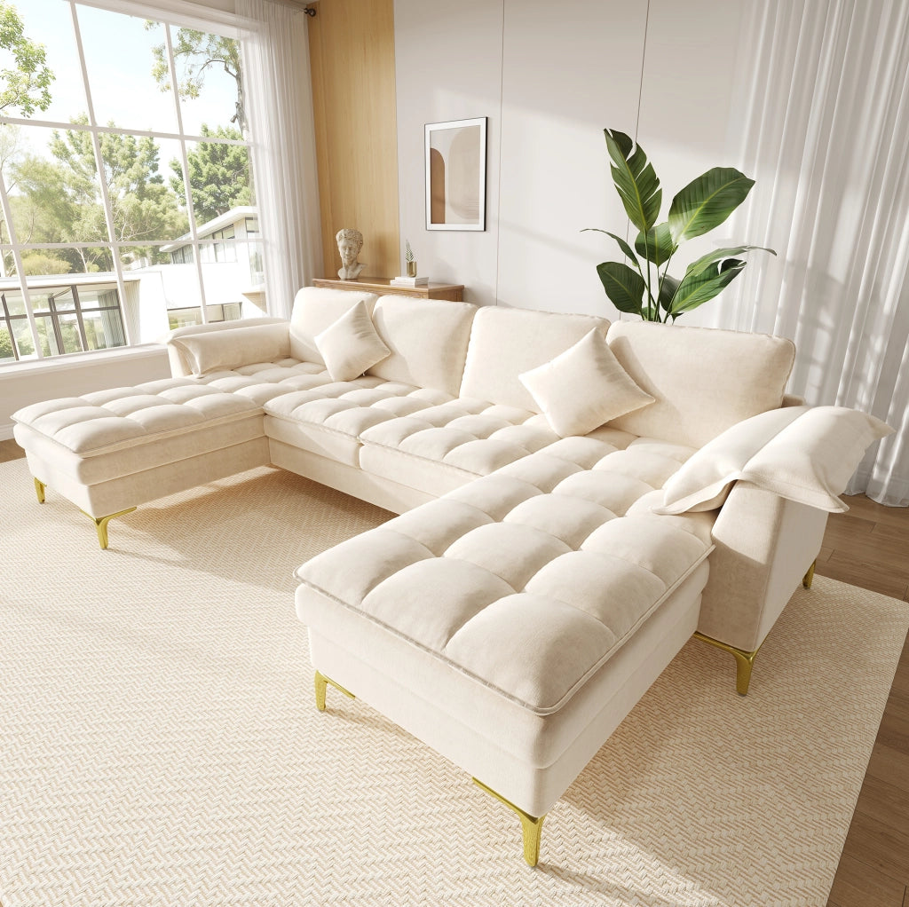 Divano angolare modulare a U 4-5 posti in chenille beige