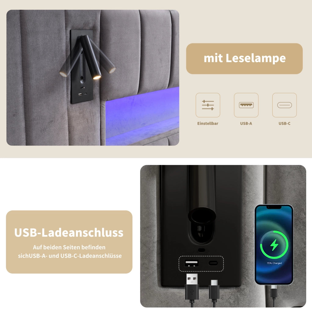 Letto matrimoniale imbottito 180x200 cm in velluto grigio con USB; LED e contenitore