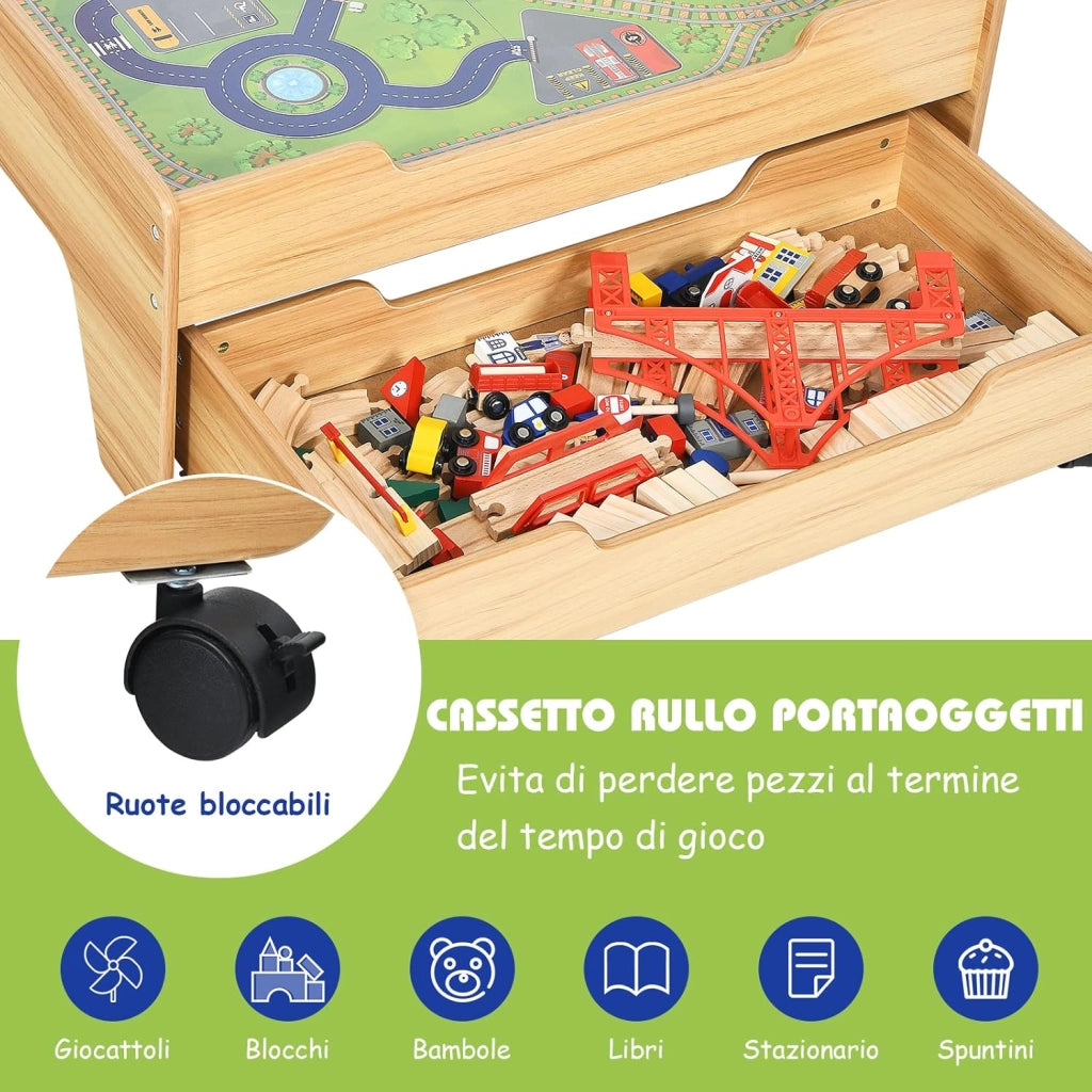 Set Tavolo di Legno con Binari Ferroviari per Bambini, Tavolo Attività e Cassetto con Ruote Bloccabili, con 100 Pezzi Multicolore, Struttura Resistente, Regalo per Bambini +3 anni