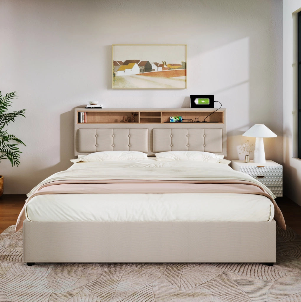 Letto matrimoniale 140x200 imbottito con testiera regolabile, USB e contenitore