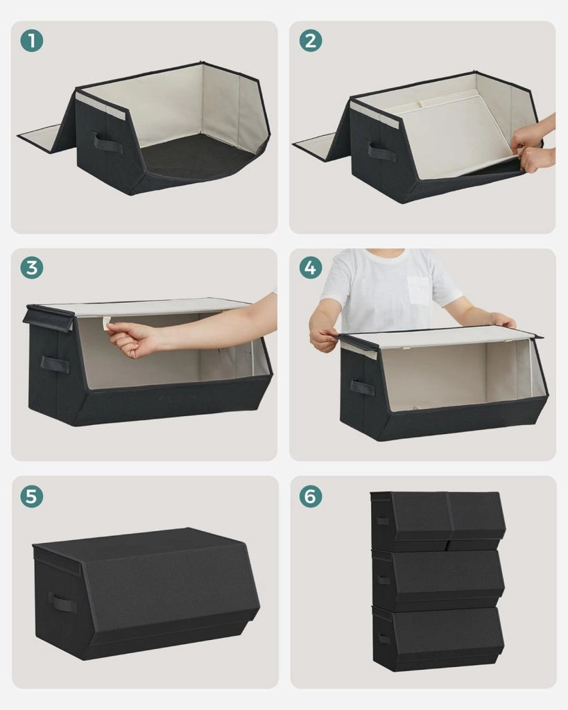 SONGMICS Set di 4 Scatole con Coperchio, Organizzatori Impilabili per Armadi, Contenitori con Chiusura Magnetica, Scatole in Tessuto, Struttura in Metallo, per Libri Vestiti, Nero Classico RLB022B01