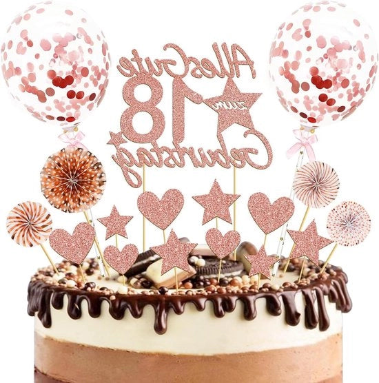Decorazione per torta con glitter rosé dorato per festa di compleanno 18 anni - decorazione per ragazze e donne - topper per torta con stelle e amore - wafer e palloncini di carta.