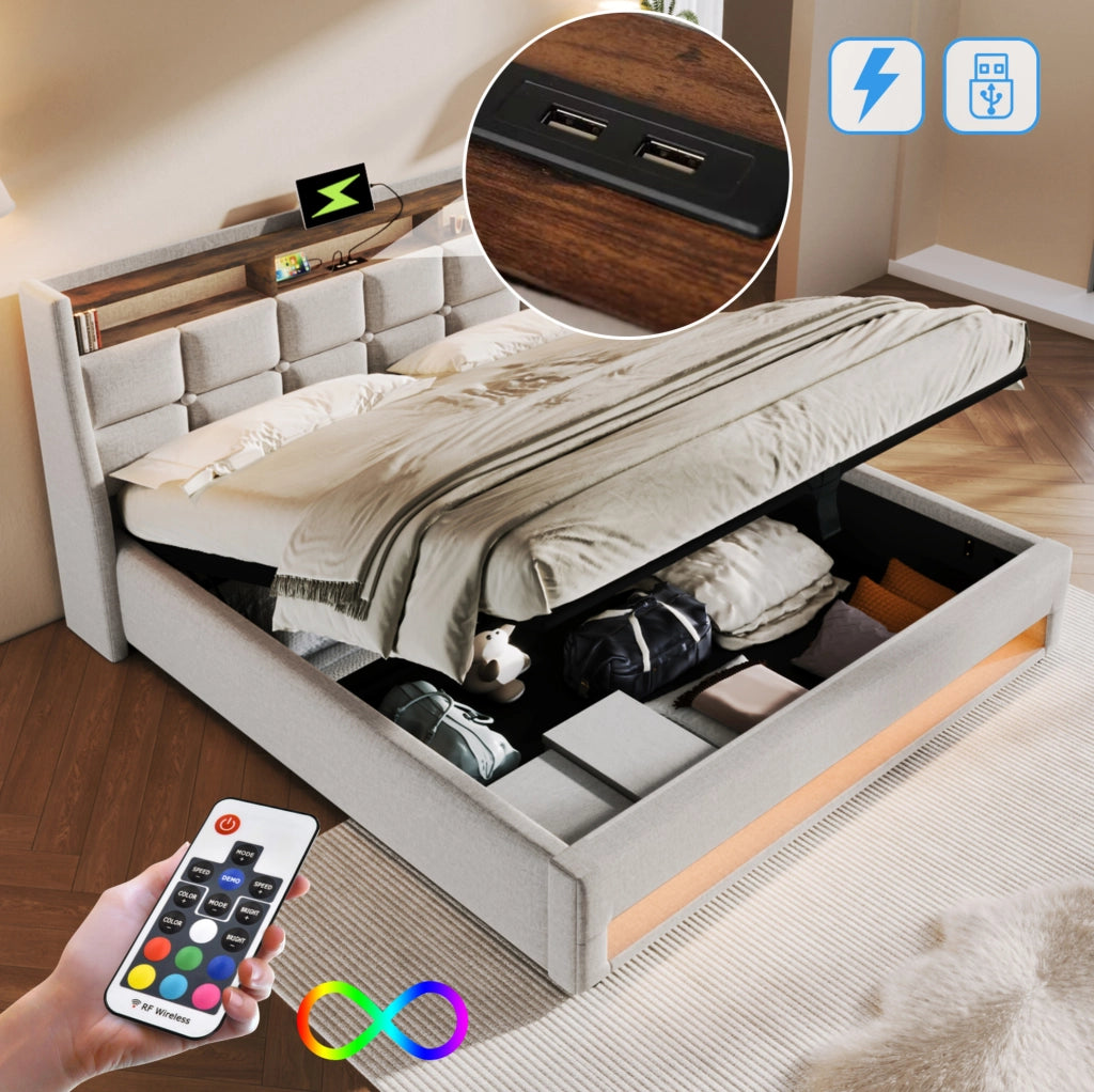 Letto matrimoniale 160x200 cm imbottito con LED; USB e contenitore; beige chiaro