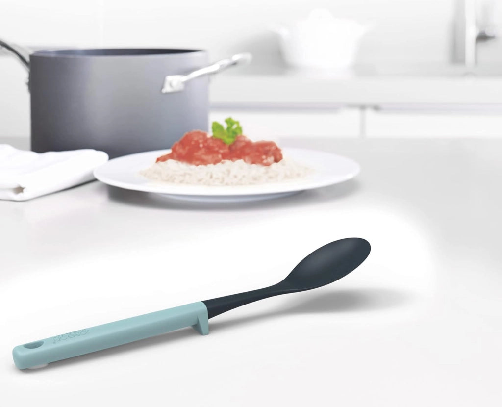 Joseph Joseph Duo Cucchiaione da cucina Resistente al Calore, Cucchiaio con Poggiamestolo integrato, Antiaderente, Blu