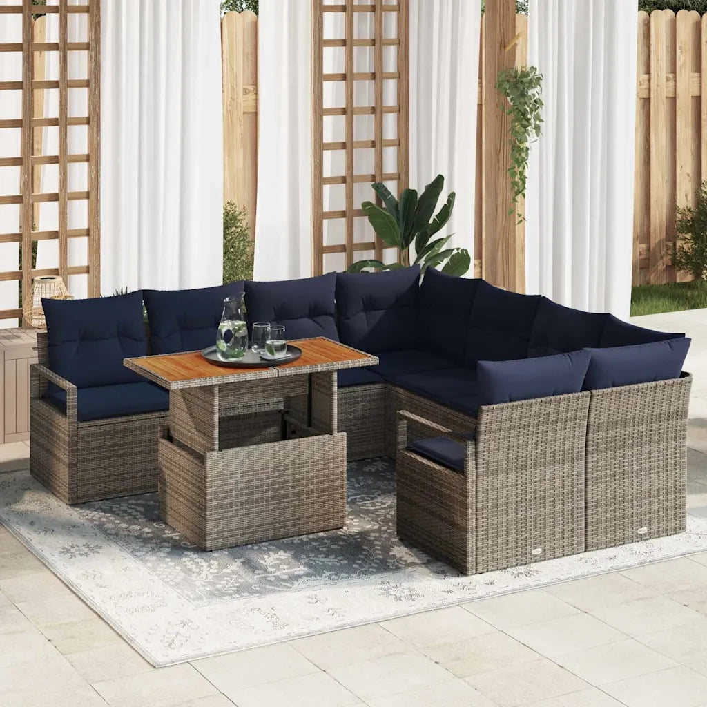 Set da Pranzo per Giardino con cuscino 9 pcs Grigio e Blu Navy