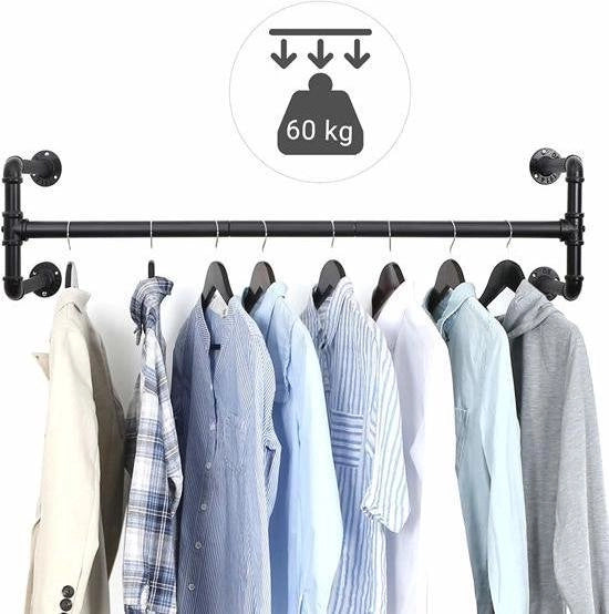 Capocassettiera Industriale con 2 Stanghe per Abbigliamento, Set di 2 Bracciali di Sostegno, per Parete o Muro 110cm Lungo, Nero