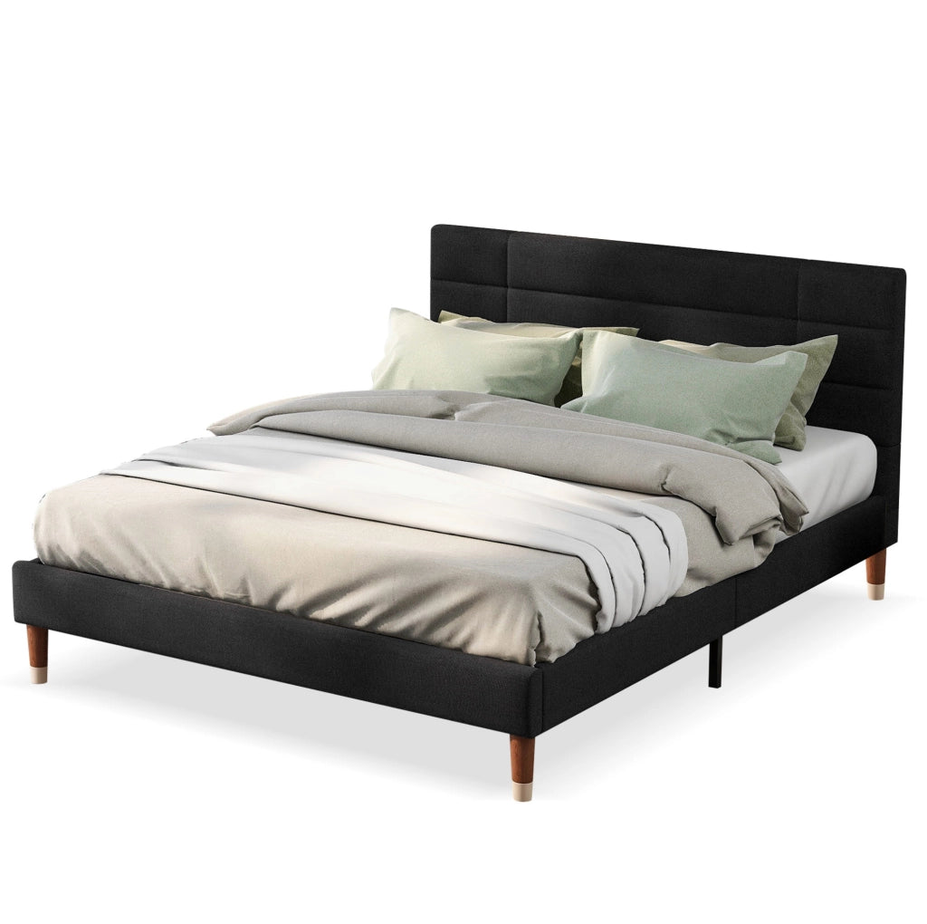 Letto imbottito 140x200 cm con rete; testiera comoda; legno; nero (Senza materasso)