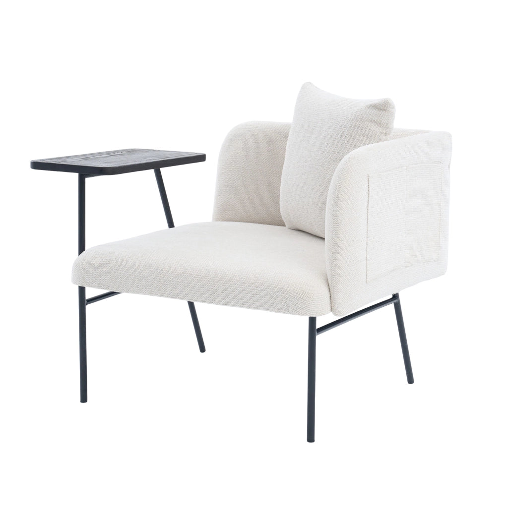 Poltrona relax con tavolino laterale e tasche portaoggetti; in chenille beige; 86x72x71 cm