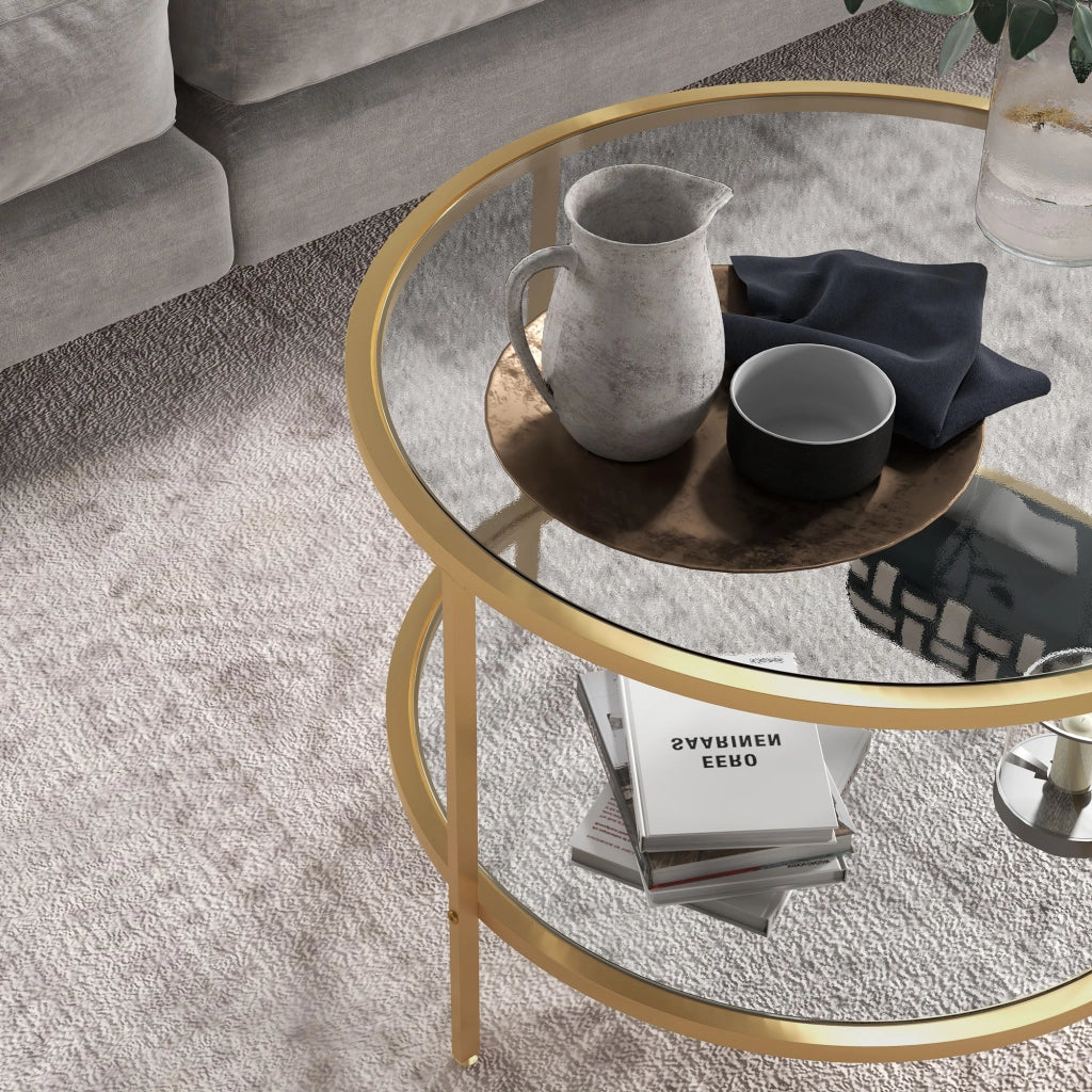 Tavolino da caffè rotondo con ripiano a 2 livelli - per soggiorno - in vetro - Ø60×43 cm - oro