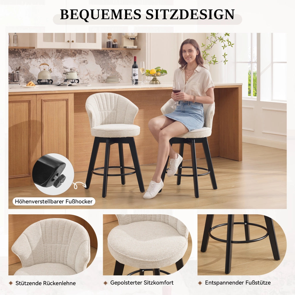 SGABELLO da bar girevole con schienale in chenille beige 51x52,5x92,5 cm