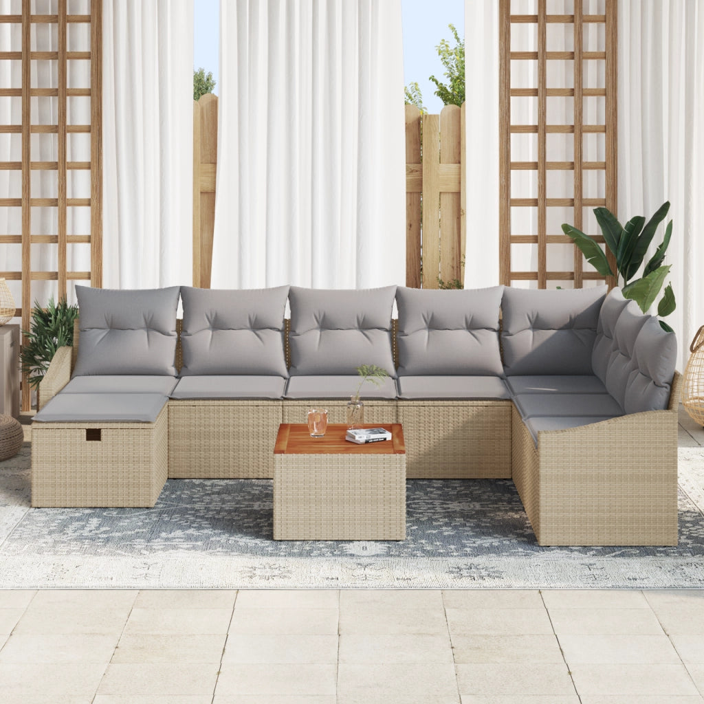 Set da Giardino 9 Pezzi con Cuscini in Rattan Poliestere Beige