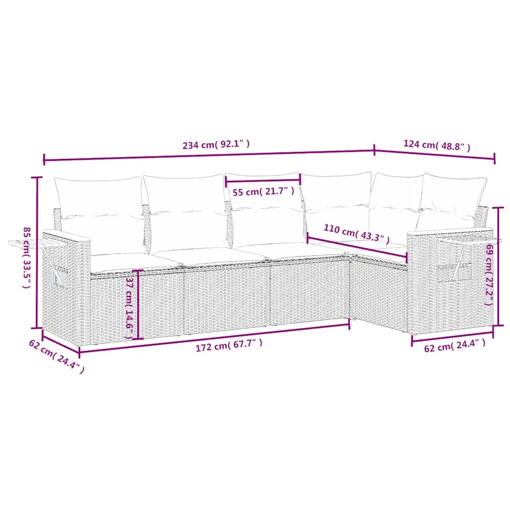 Set Divani da Giardino 5 pz con Cuscini Grigio in Polyrattan