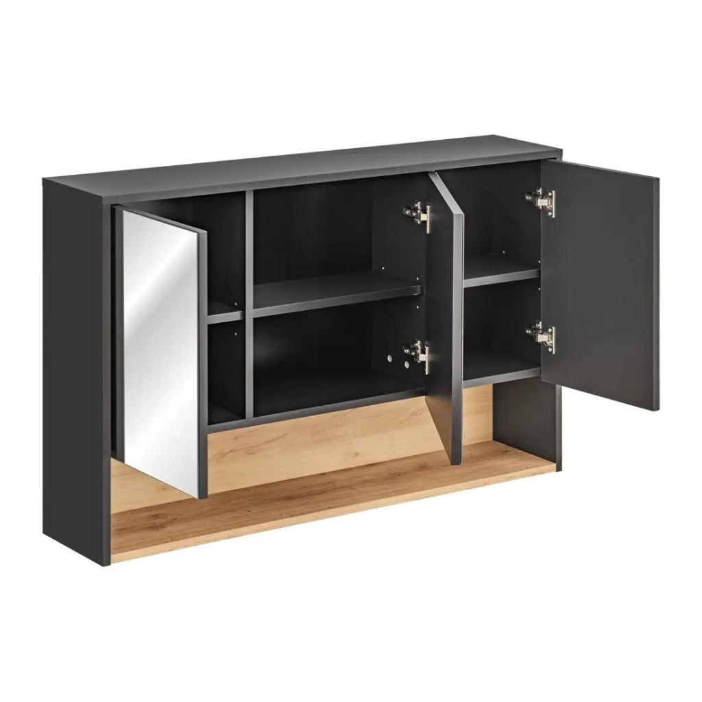 Mobile alto per bagno TALOKA – 3 porte specchio – Grigio antracite e rovere chiaro – L120 cm – Sospeso