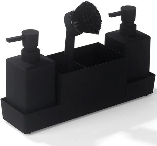 Set di rilascio sapone da cucina - comprensivo di spazzola e spugna - Nero - 32 x 10 x 15 cm