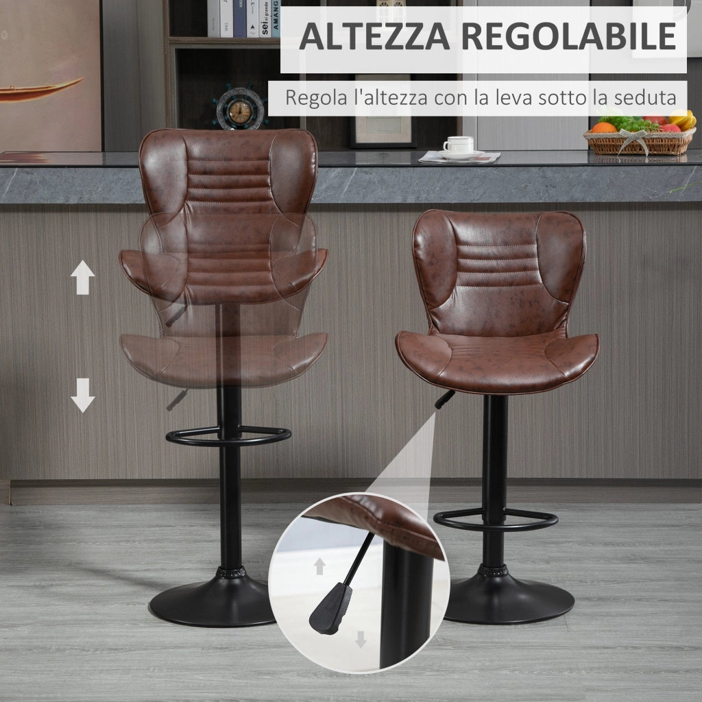 Set 2 Sgabelli da Bar con Altezza Regolabile e Seduta Girevole in Finta Pelle Marrone