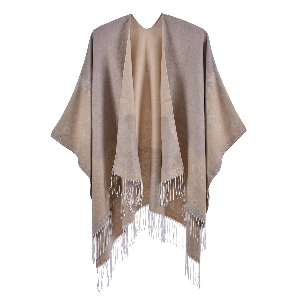 Sciarpa di nuovo stile con nappe e fiorellini, alla moda, oversize, calda e con spacco.