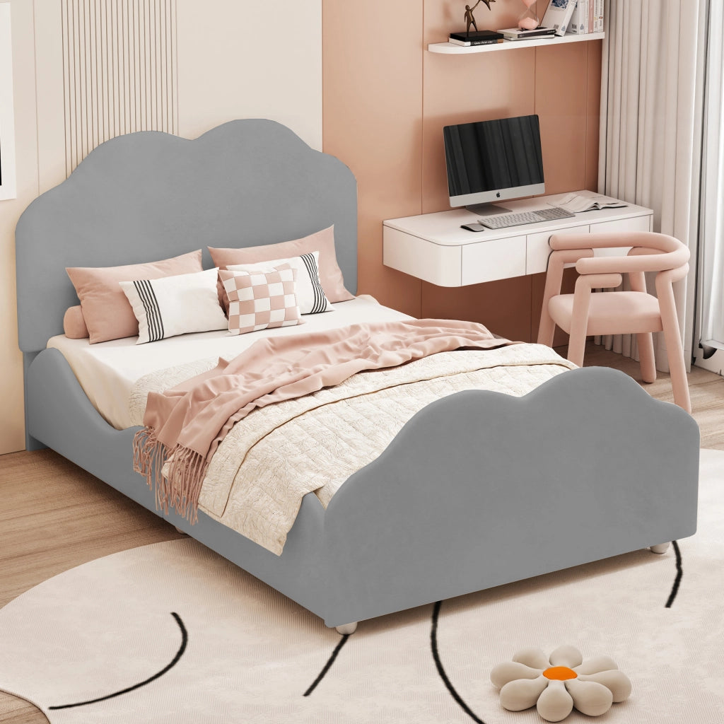 DESMIU Letto per bambini 1 posto con barriera, testiera e pediera a nuvola, 90 × 200 cm, senza materasso, grigio