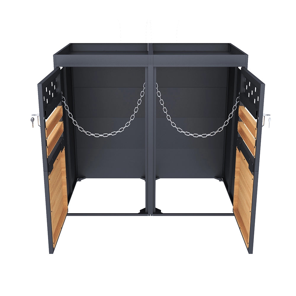 Cabina per 2 bidoni con tetto verde - Xylo - 120-240 litri, colore antracite, porta in stile legno, estensibile
