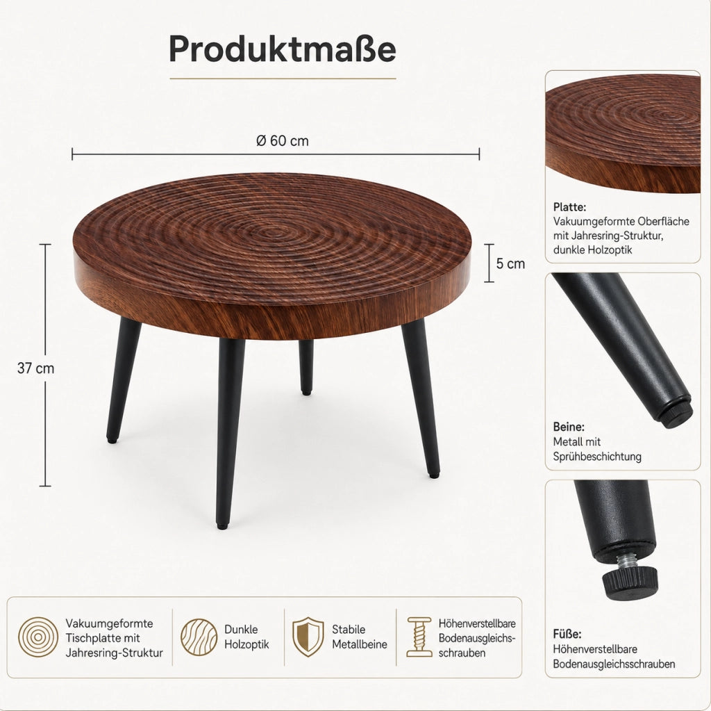 Tavolino rotondo 73.99x73.61x22.5 cm con piano spesso 5 cm; gambe in metallo; noce