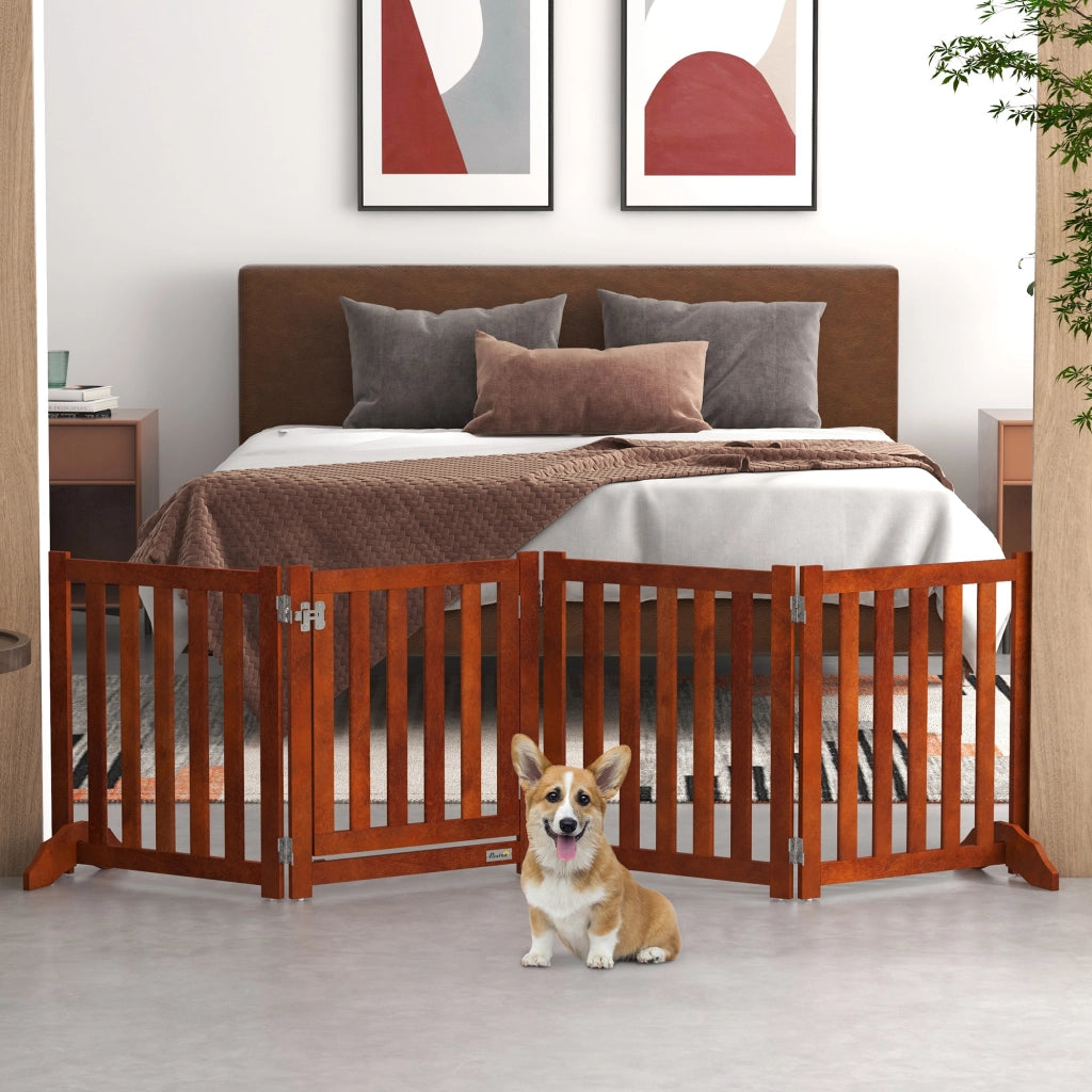 Barriera per Cani Pieghevole 4 Pannelli con Porta ¨C zephmum ¨C Legno 205x60 cm Marrone