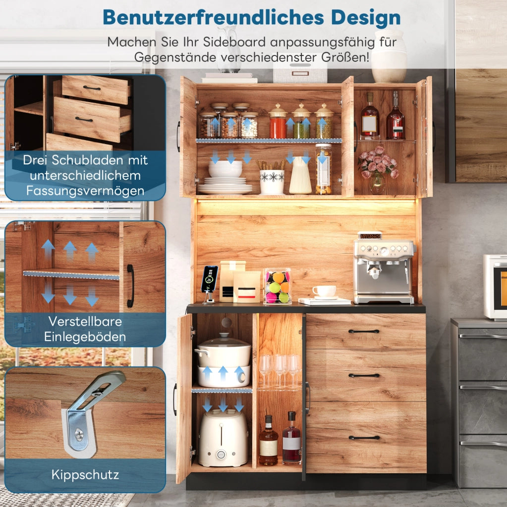 Credenza cucina moderna 105x40x180 cm in MDF; nero effetto legno con LED e prese