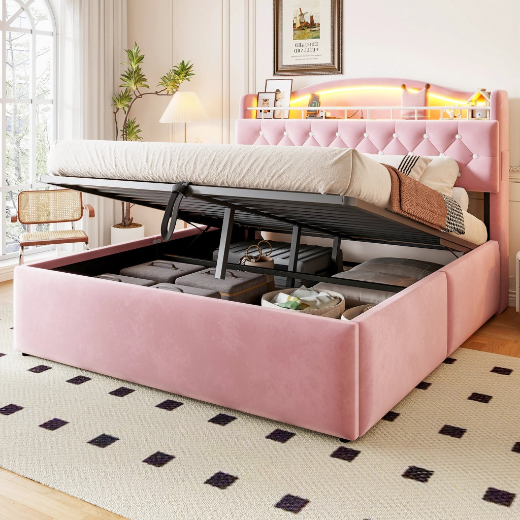 Letto imbottito matrimoniale 140 × 200 cm con contenitore idraulico, USB, USB-C et LED, senza materasso, rosa