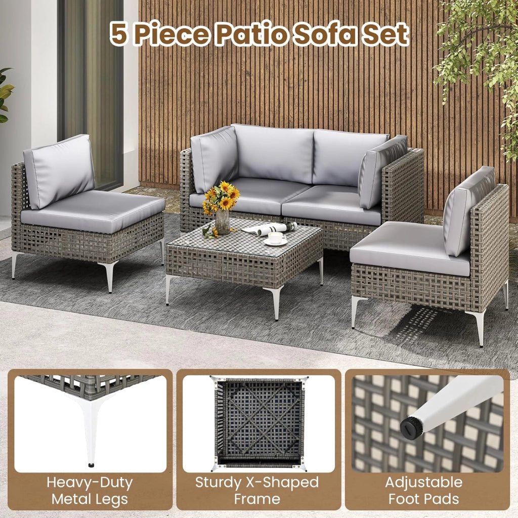 Set di mobili da giardino in rattan, 5 pezzi, cuscini rimovibili e schienale ergonomico, tavolino in vetro temperato, set di mobili da esterno per cortile, terrazza, giardino, carico 180 kg