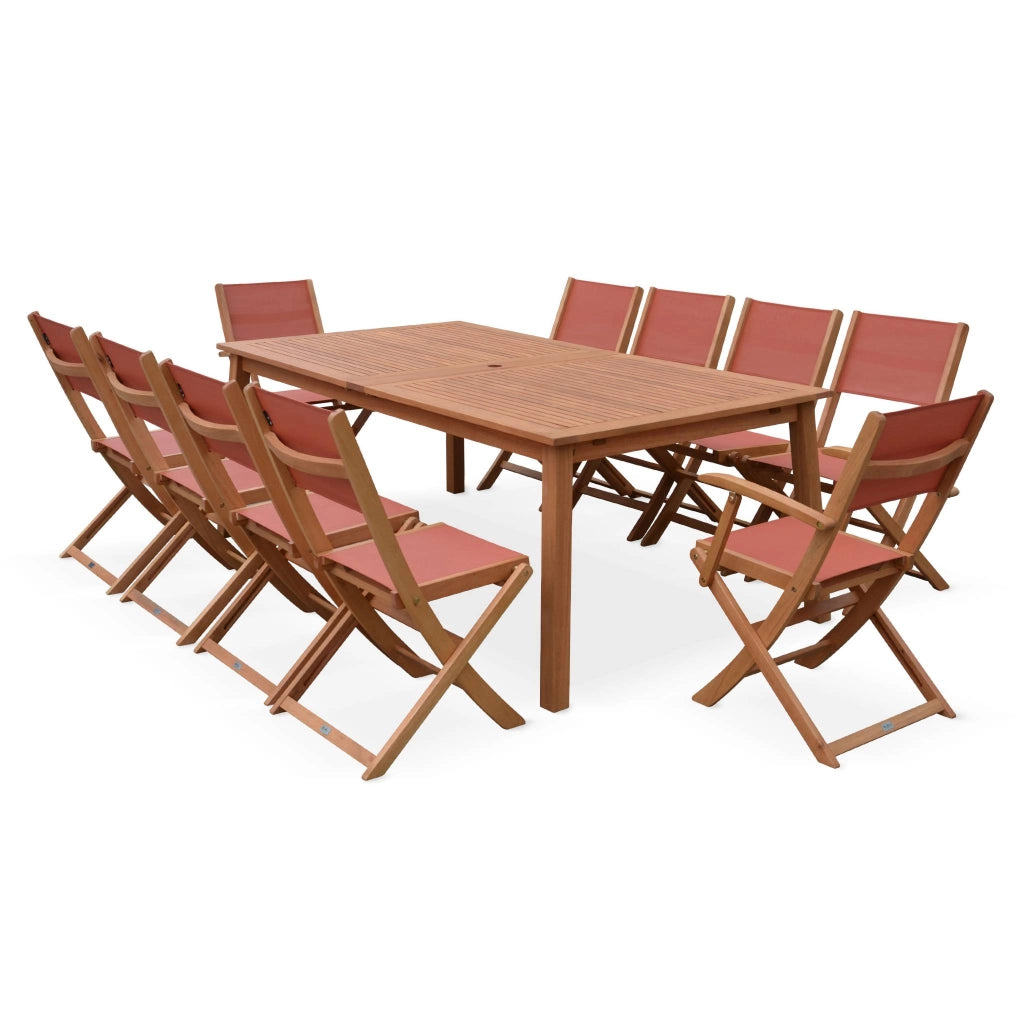Set tavolo da giardino estensibile in legno con 10 sedie, marrone