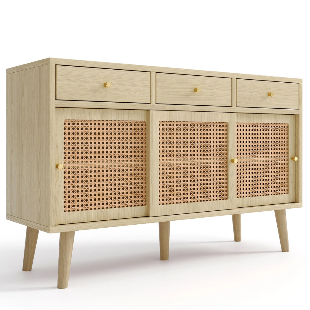 Credenza con Cassetti e Ante Scorrevoli in Rattan ¨C MINIMAL ¨C Rovere, 120x40x78
