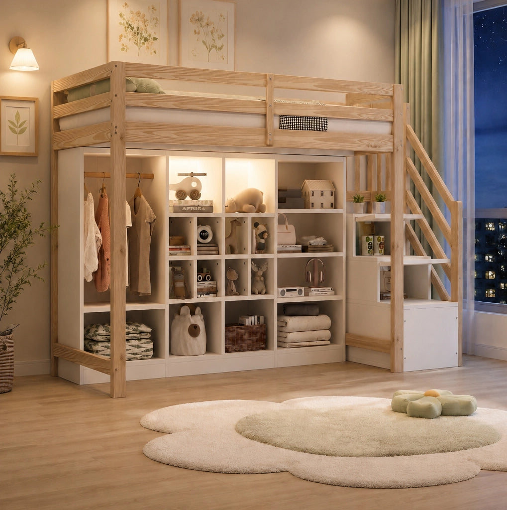 Letto a soppalco 90 x 200 cm con armadio, contenitori e illuminazione LED