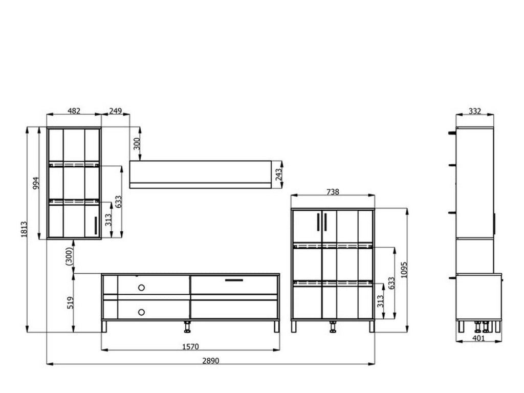 Mobile Soggiorno Fallo, Parete Attrezzata Modulabile, 289x40x181.5h cm Bianco Crema