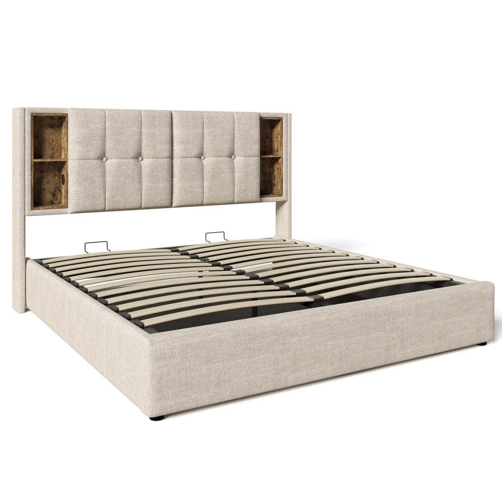 Letto imbottito 180x200 cm con contenitore; ricarica wireless; USB e Type-C; lino naturale