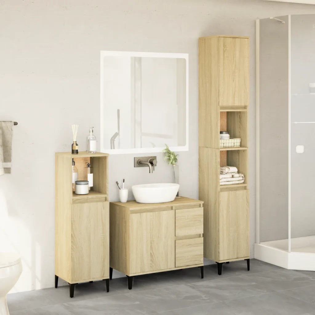Set Mobili da Bagno | Armadio da bagno 3 pz Rovere Sonoma in Legno Multistrato