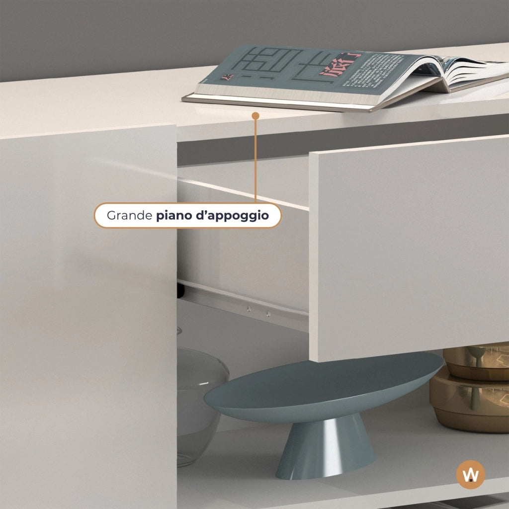 WHOUS Credenza Potenza con 3 ante 1 ribalta e 1 cassetto bianco lucido 220x40x81 cm