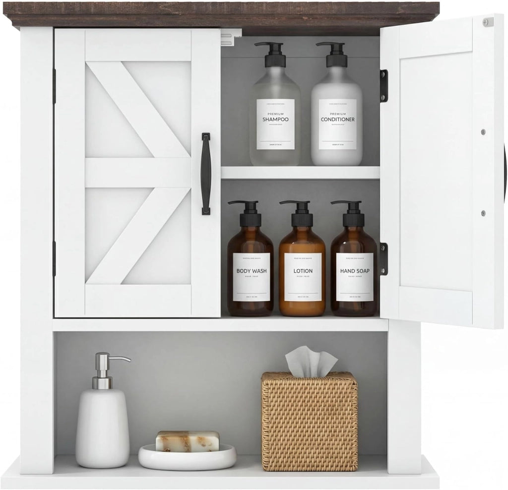 Armadio da parete per bagno, pensile con 2 ante e 1 scomparto aperto, stile fienile, mensola regolabile, 55 x 19 x 60 cm, organizer per cucina, ingresso, lavanderia