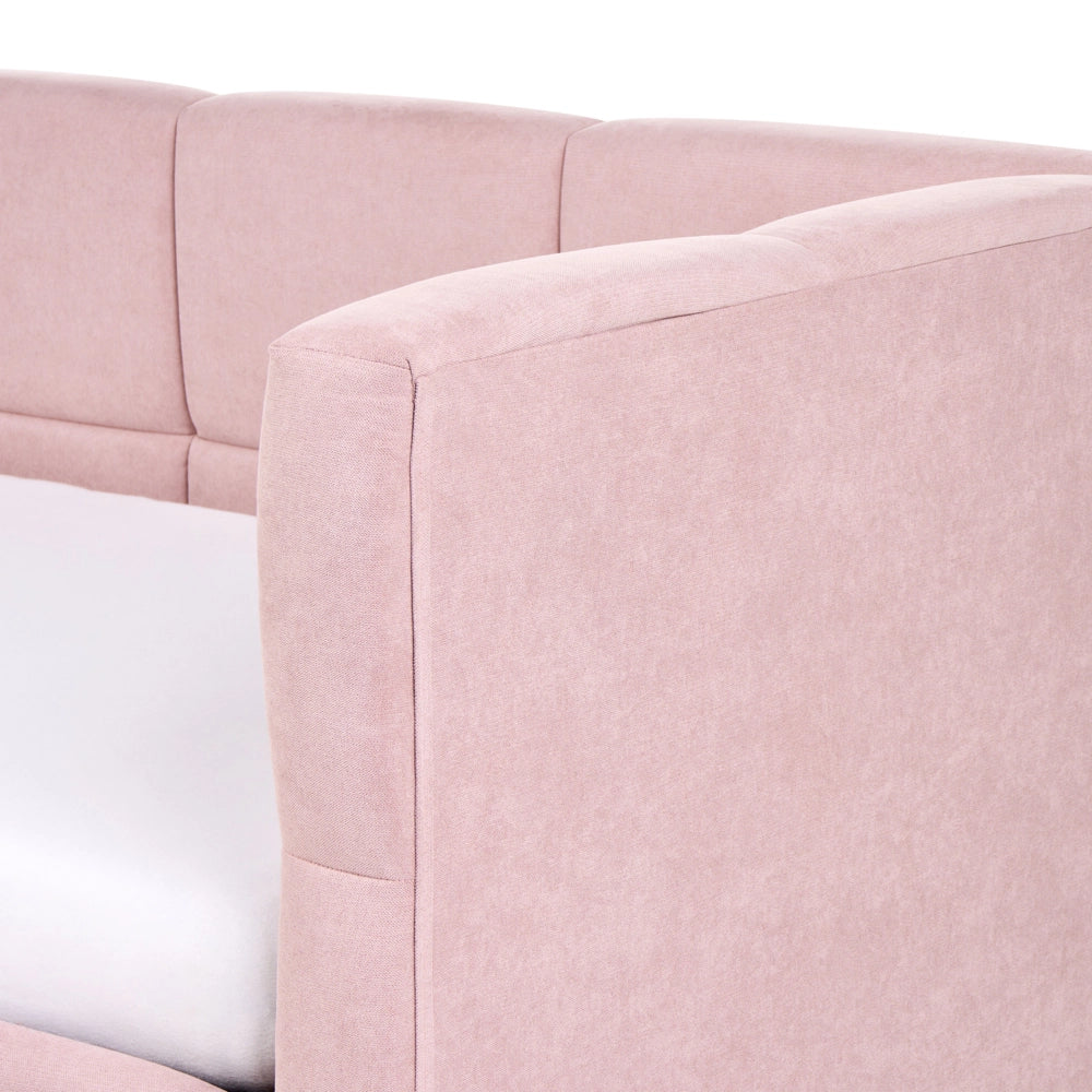 Divano letto imbottita in tessuto rosa lato destro 90x200 cm con pouf contenitore a forma di L