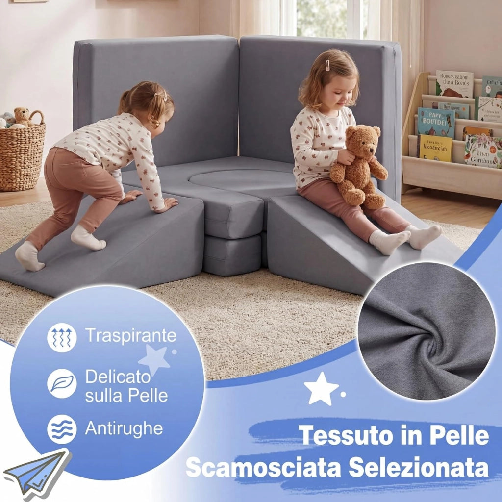 Divano da Gioco per Bambini Trasformabile, Poltrona Modulare a 10 Pezzi, Tessuto Suede e Schiuma ad Alta Elasticità, Divanetto per Bambini 3+ Anni, per Camerette, Soggiorno e Studio (Grigio)