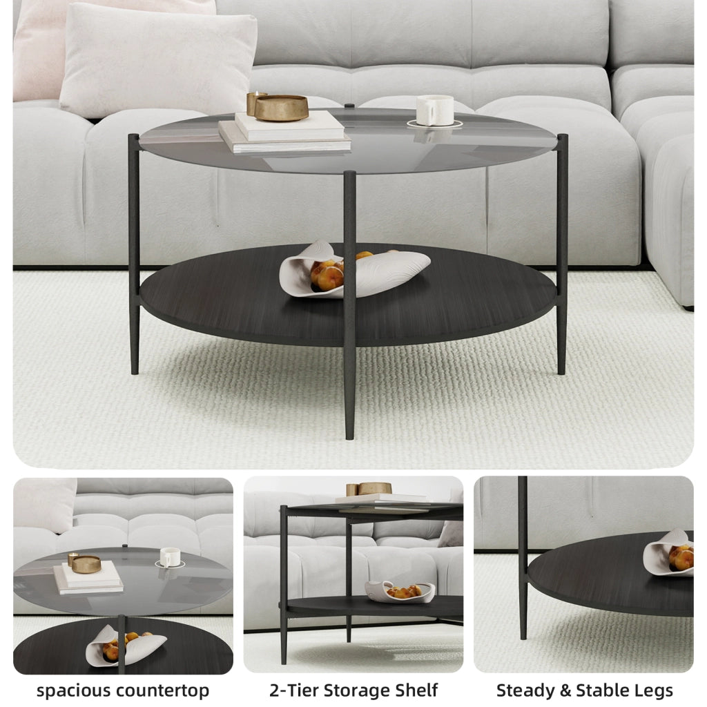 Tavolino basso rotondo moderno con 2 ripiani in vetro temperato fumé, legno e ferro, per soggiorno, nero, 82 × 45 cm