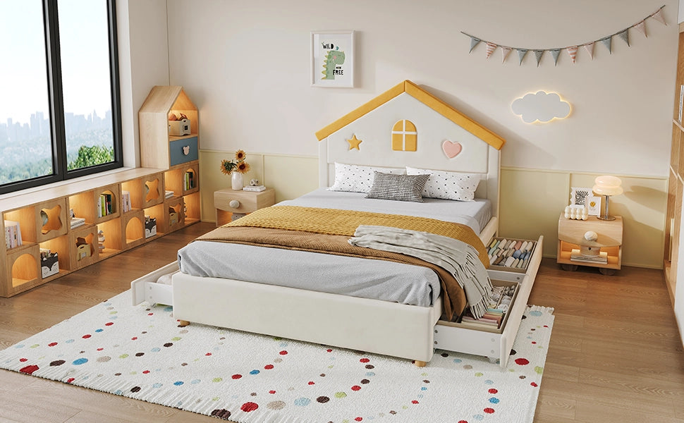 Letto per bambini 140 × 200 cm con testiera a casetta e 4 cassetti, senza materasso, in velluto beige