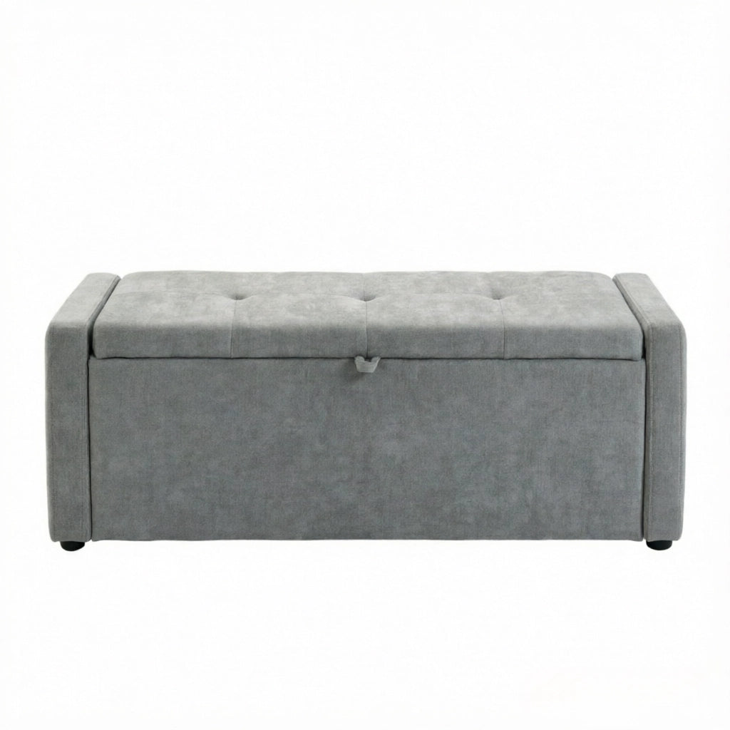 Panca contenitore con vano portaoggetti, seduta larga 122 cm e rivestimento in lino, per camera da letto, grigio chiaro