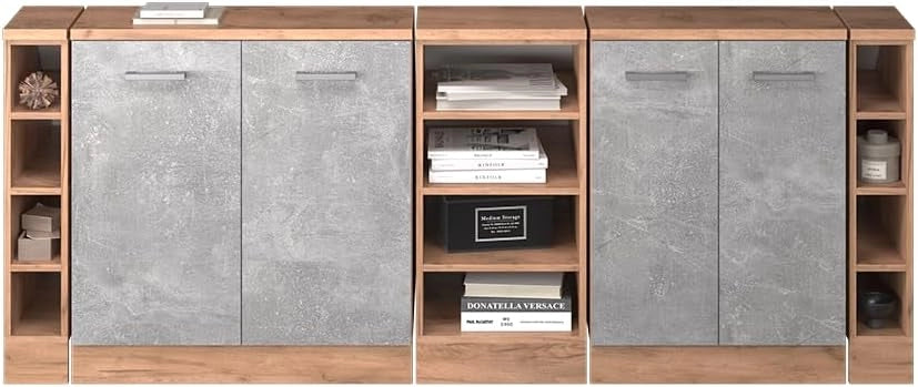 Set di mobili sottotetto Rion, Calcestruzzo, 210 cm Set di 5 carcasse armadio profondità 60 cm, adatto per il salvaspazio sotto tetti spioventi