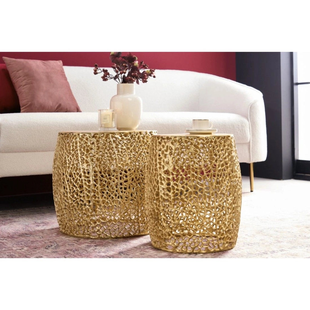 Set di 2 tavolini METRIX bronzo con piccolo motivo arrotondato - Tavolini da salotto design in alluminio e piano effetto legno
