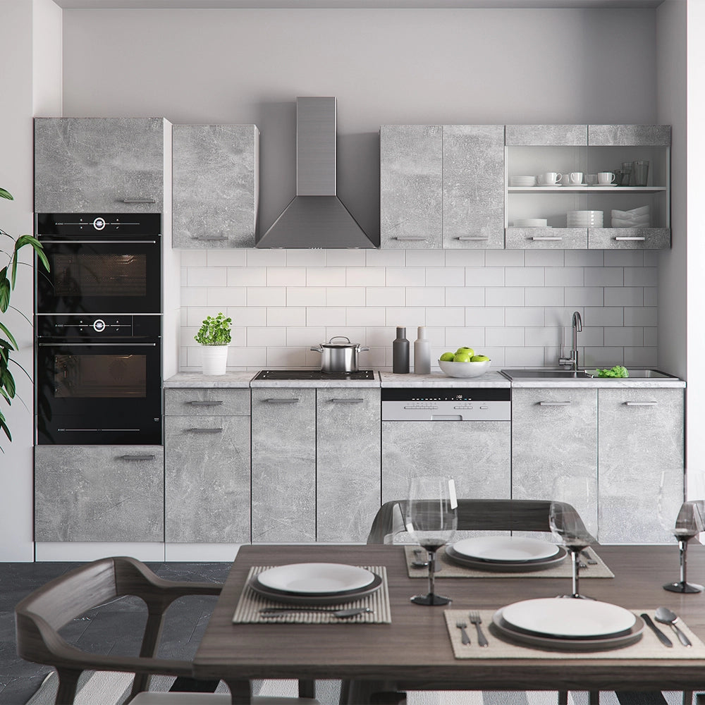 Vicco Cucina componibile Cemento/Bianco 300 cm con armadio alto, PL Rovere