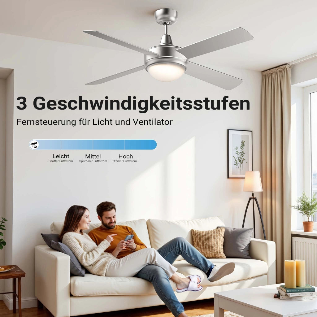 Ventilatore da soffitto Ø 130 cm con 4 pale, lampadario ventilatore con 3 velocità, telecomando, timer, modalità estiva e invernale, 65 W