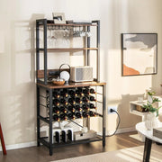 Scaffale Da Cucina Con Prese e Porte Usb, Armadietto Per Vino Con Supporto In Vetro Per 24 Bottiglie e 9 Bicchieri, Scaffale a 4 Livelli, 76 x 48 x 163 cm