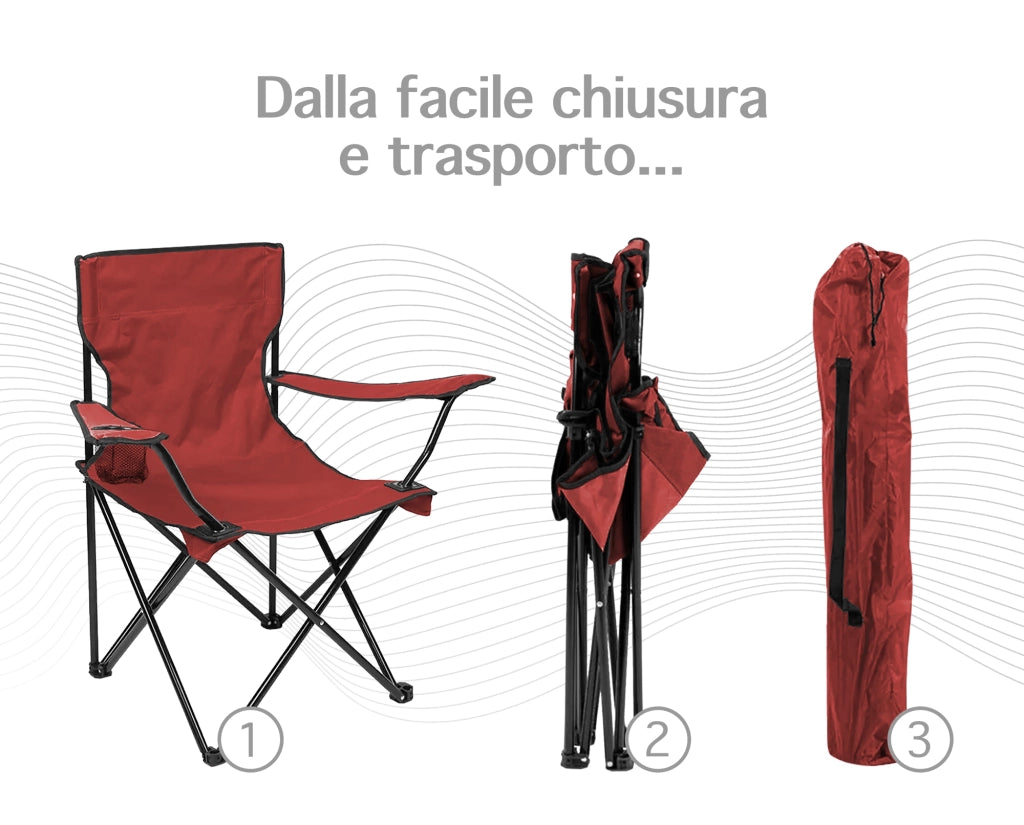 Sedia Camping Pieghevole Struttura In Acciaio Con Tasca PortaBevande Campeggio Sedie Portatile Pescatore SalvaSpazio Impermeabile Antiruggine Vacanze Mare Spiaggia Lettino  Rosso